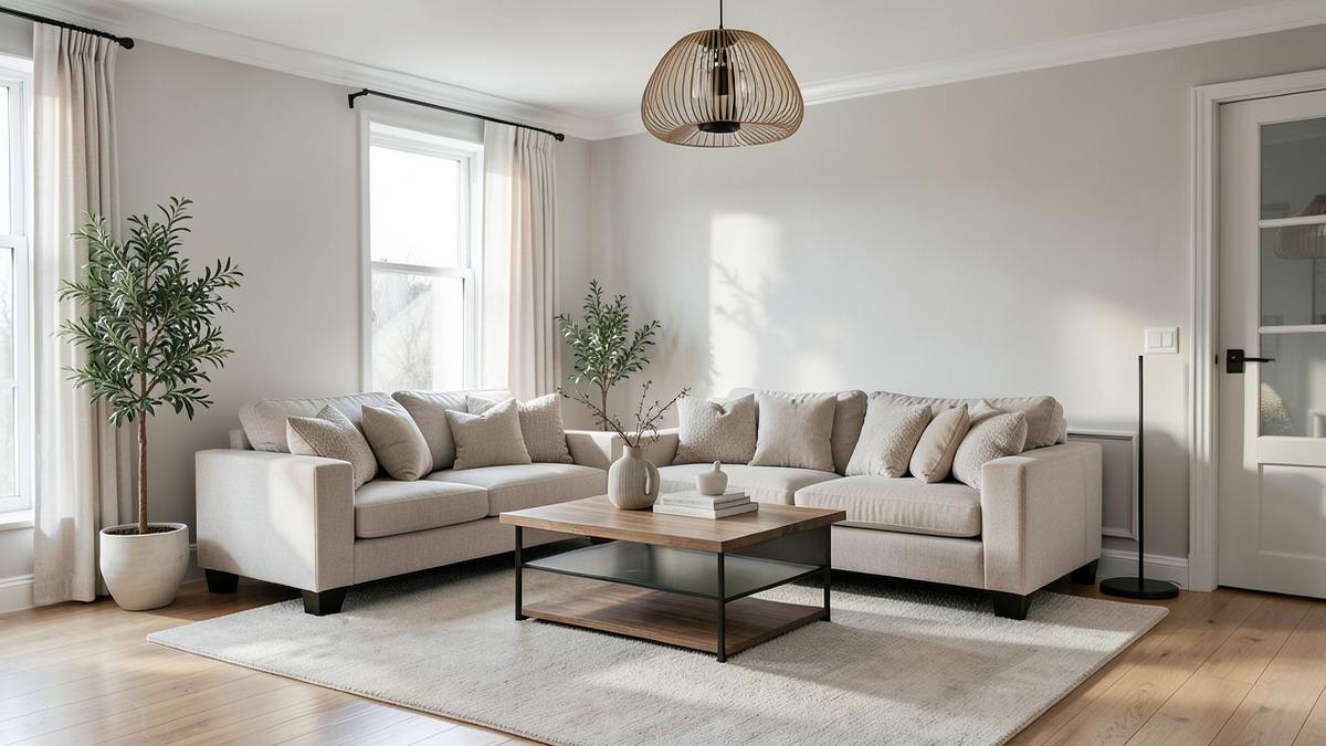 Salon lumineux préparé en home staging, prêt pour les visites de vente