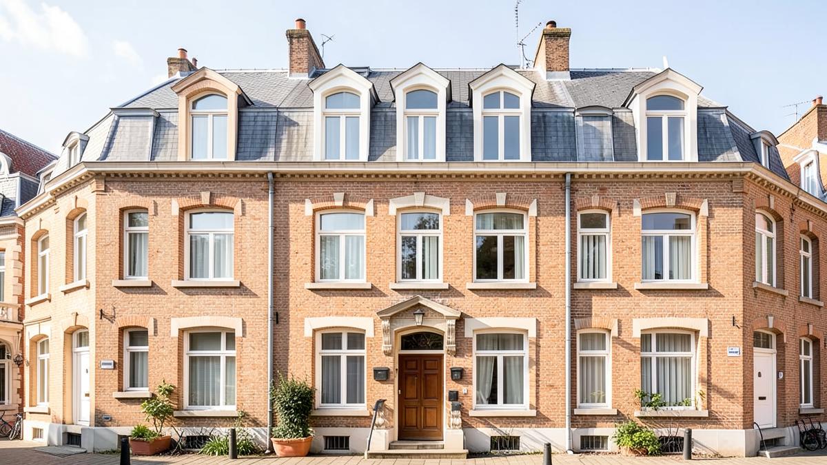 Façade en briques d'une maison bruxelloise typique en pleine lumière du jour