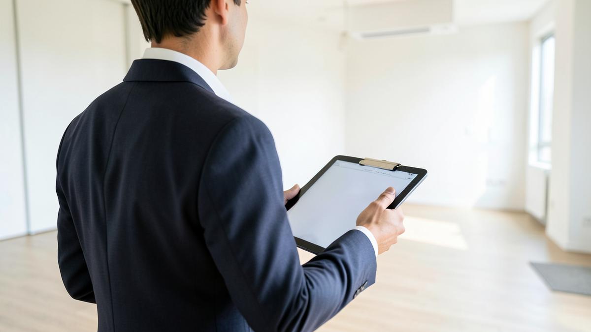 Professionnel de l'immobilier réalisant un état des lieux avec une tablette dans un appartement vide