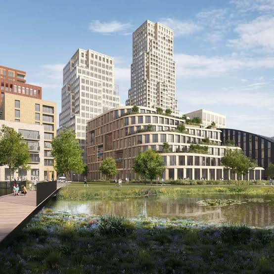 Vue d'architecte du projet Lake Side à Tour & Taxis, au bord d'un plan d'eau