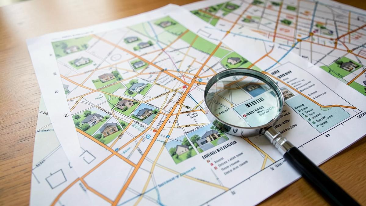 Plan de quartier et loupe posés sur un bureau, recherche d’un bien immobilier