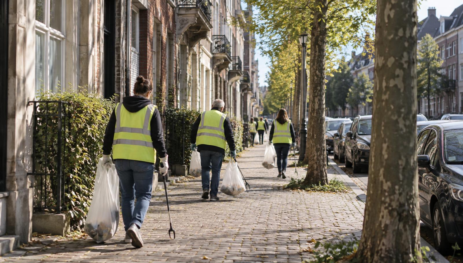 Bénévoles avec gants et sacs de collecte nettoyant une rue résidentielle bruxelloise