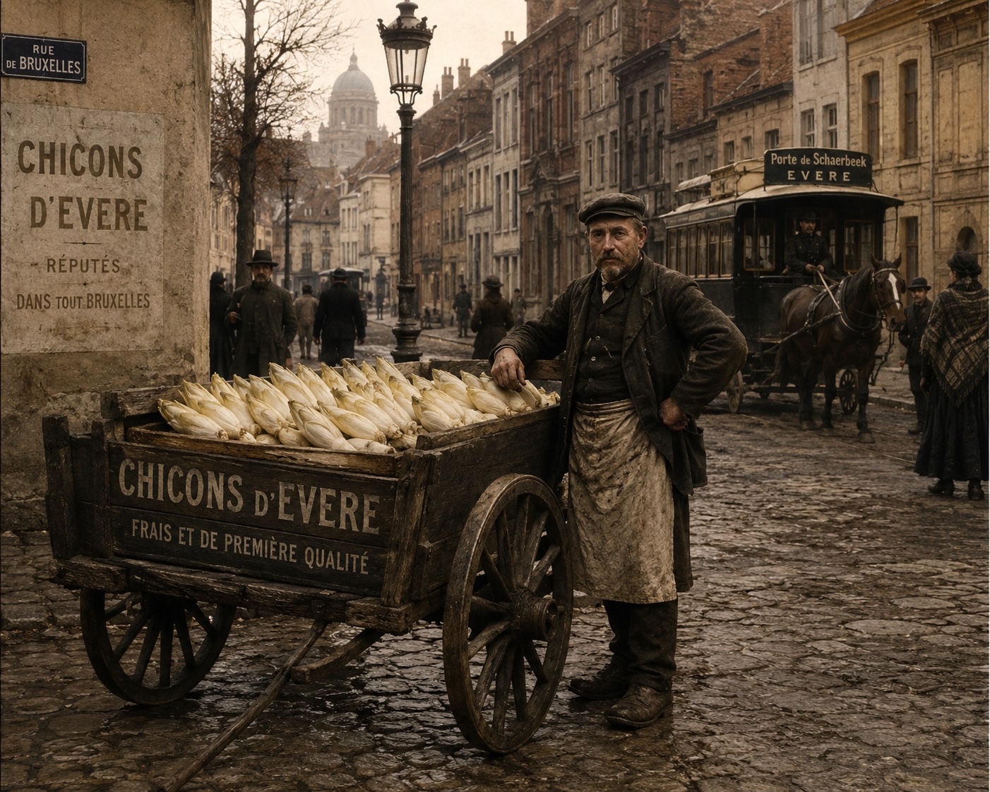 Scène d'époque évoquant la vente de chicons d'Evere, charrette de marchand et tram hippomobile