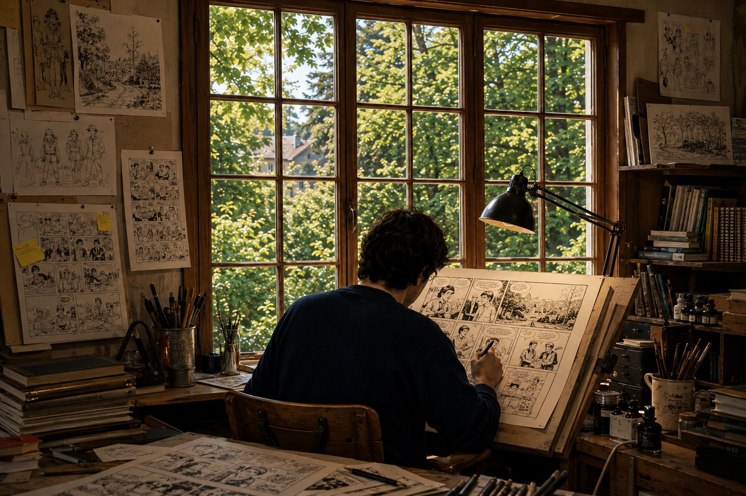 Atelier de bande dessinée avec planches et dessins, évoquant l'univers d'Hergé et Franquin à Watermael-Boitsfort