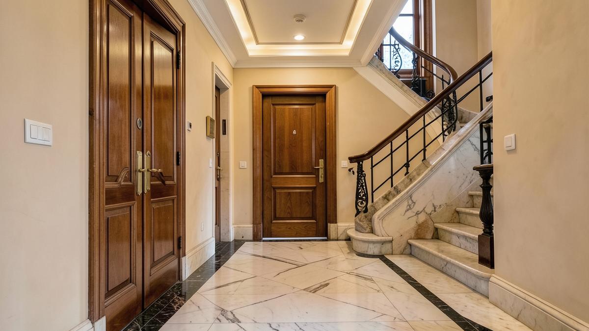 Hall d’entrée soigné d’un immeuble à appartements bruxellois avec boîtes aux lettres