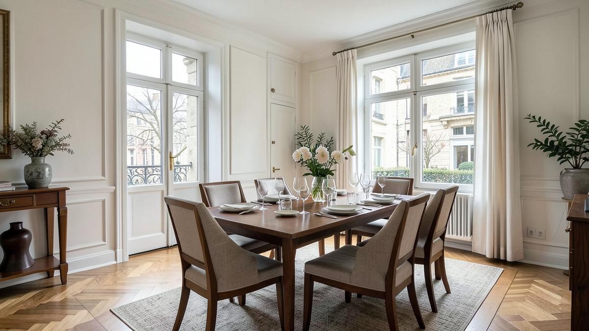 Salle à manger élégante d’un appartement bruxellois préparée pour les visites