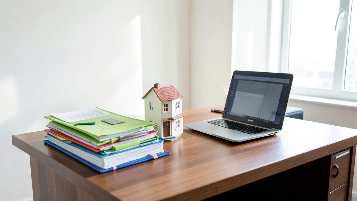 Bureau de gestion locative avec dossiers classés, maquette de maison et ordinateur portable