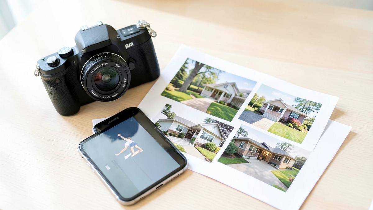 Appareil photo, smartphone et photos de biens imprimées pour préparer une annonce de vente