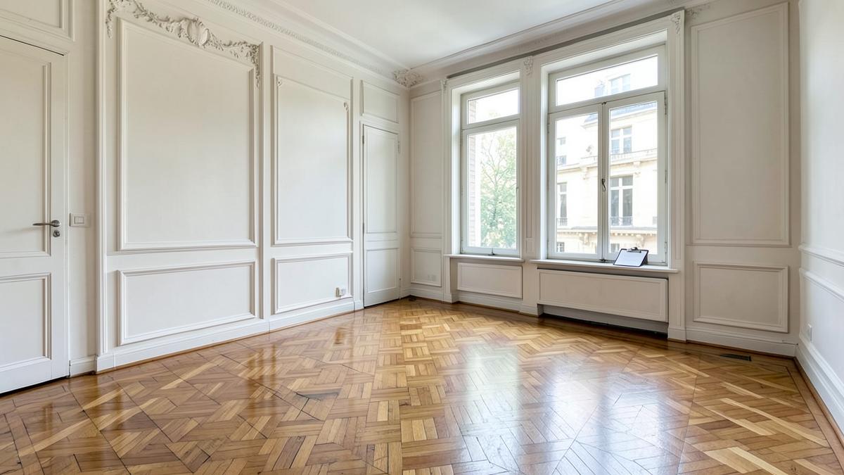 Pièce vide d’un appartement bruxellois avec parquet et moulures lors d’une visite conseil