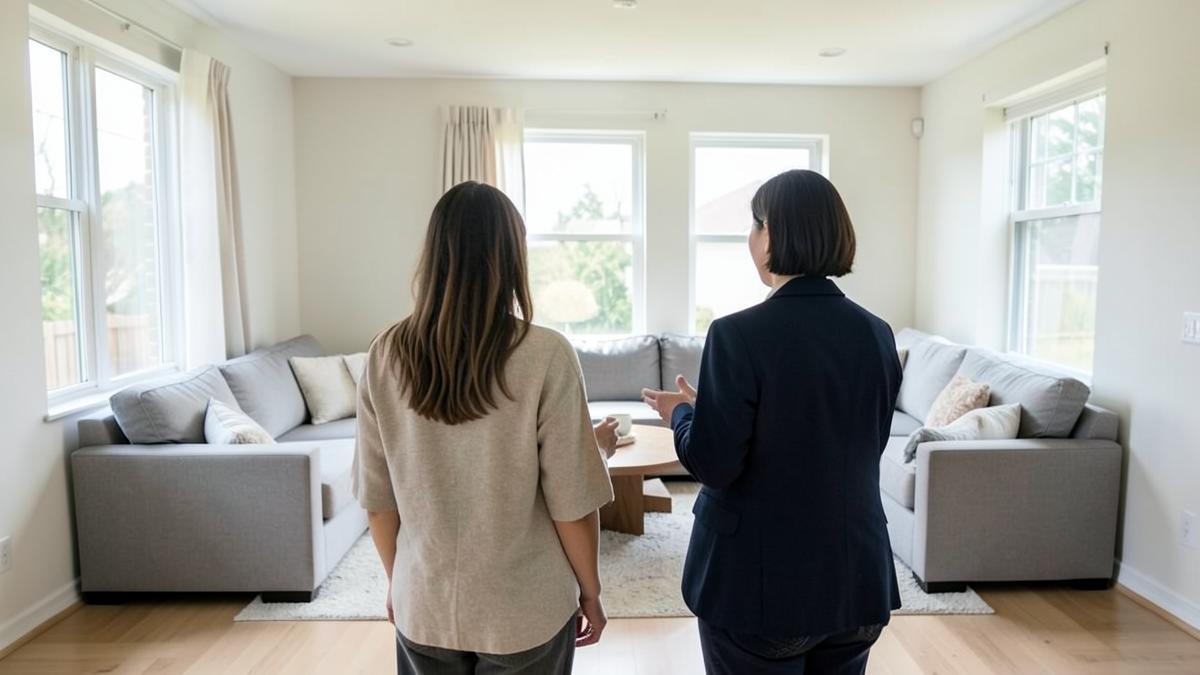 Visite d’estimation dans un séjour lumineux, échange entre un agent et un propriétaire