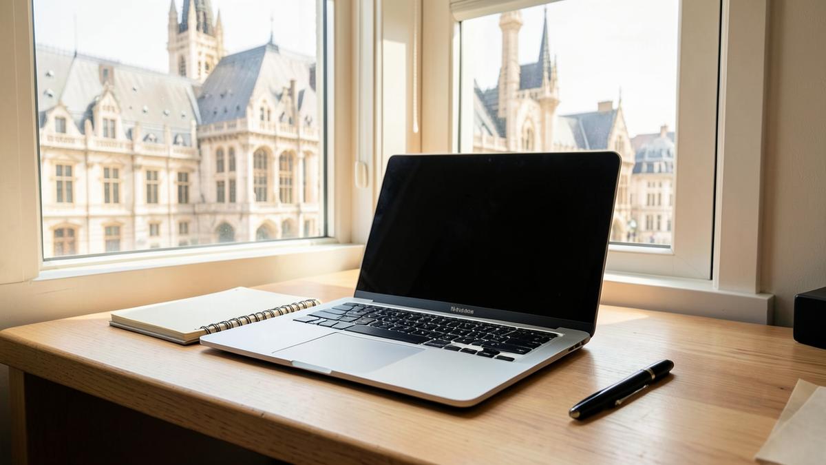 Ordinateur portable posé près d’une fenêtre donnant sur un bâtiment bruxellois, estimation en ligne