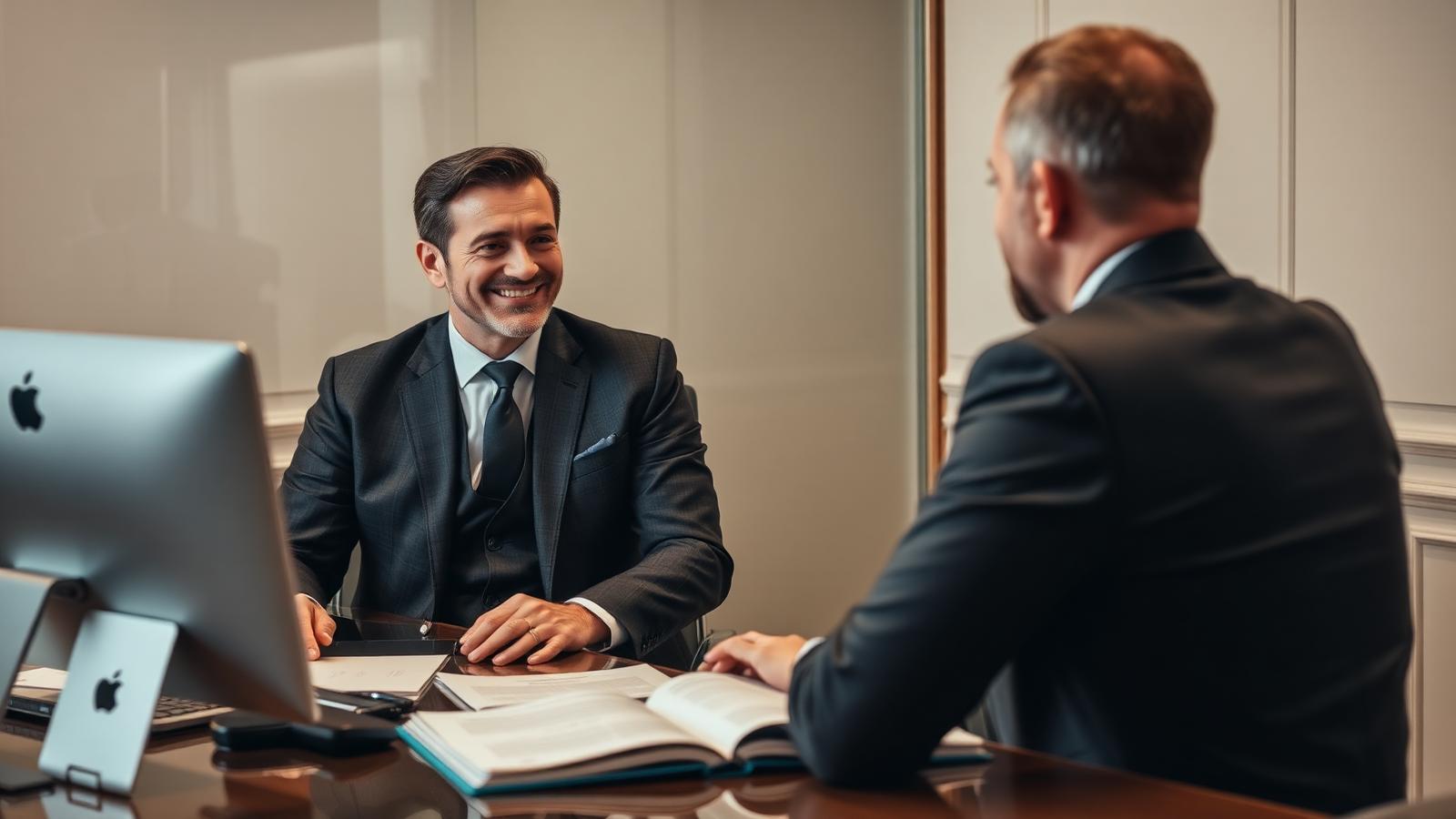 Banquier en costume-cravate recevant un client dans son bureau pour un accord de principe hypothécaire