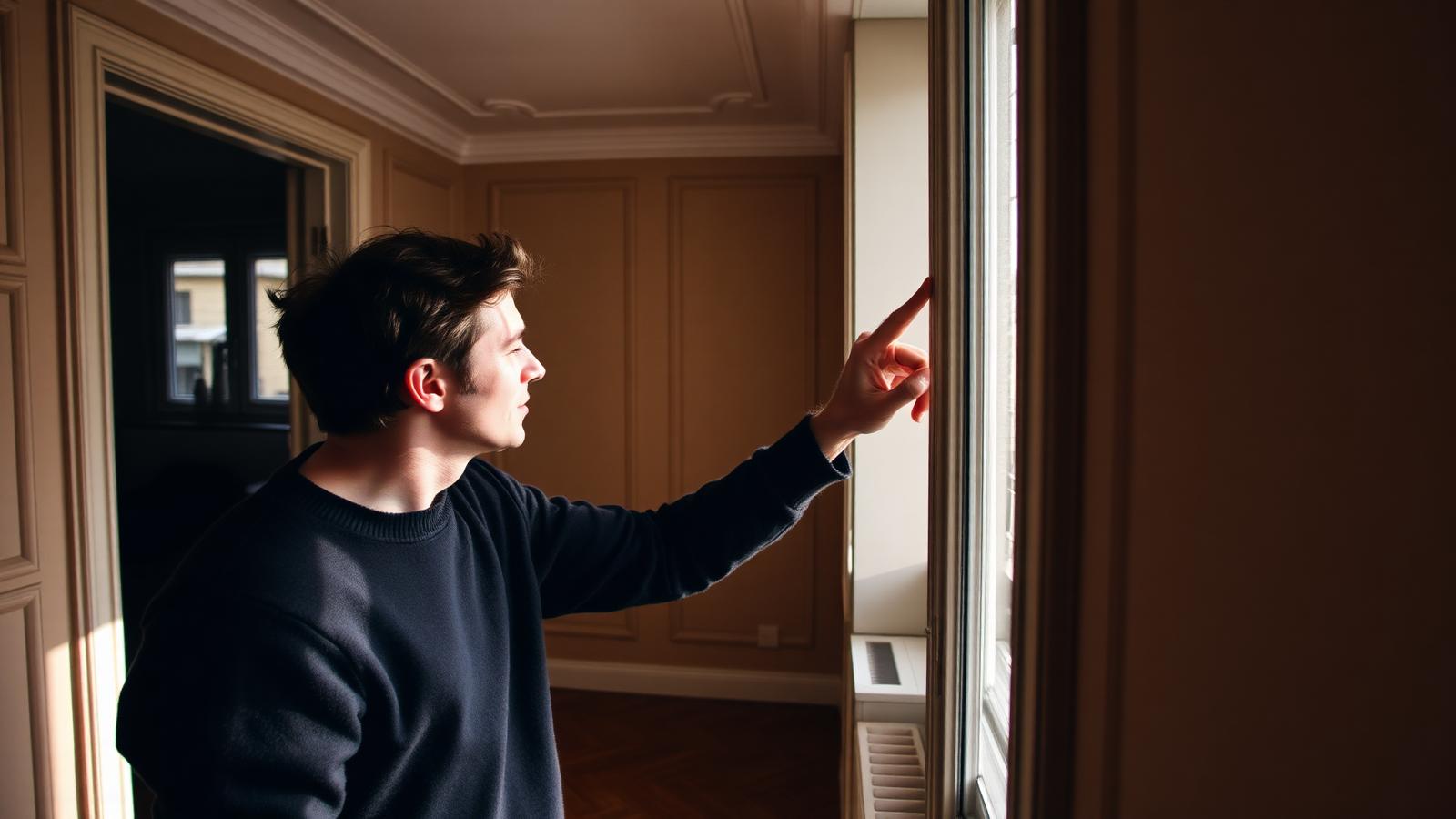 Acheteur inspectant attentivement un châssis lors d'une visite d'appartement bruxellois