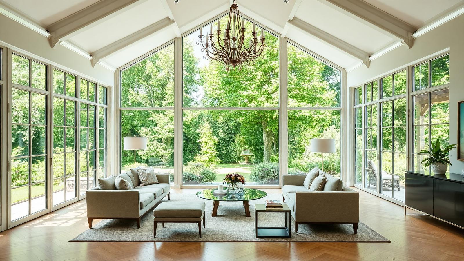Intérieur de villa lumineux ouvrant sur un jardin boisé, élégant et chaleureux