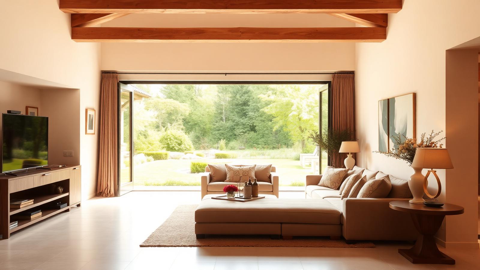 Intérieur de villa familiale lumineux ouvrant sur un jardin verdoyant, chaleureux et élégant