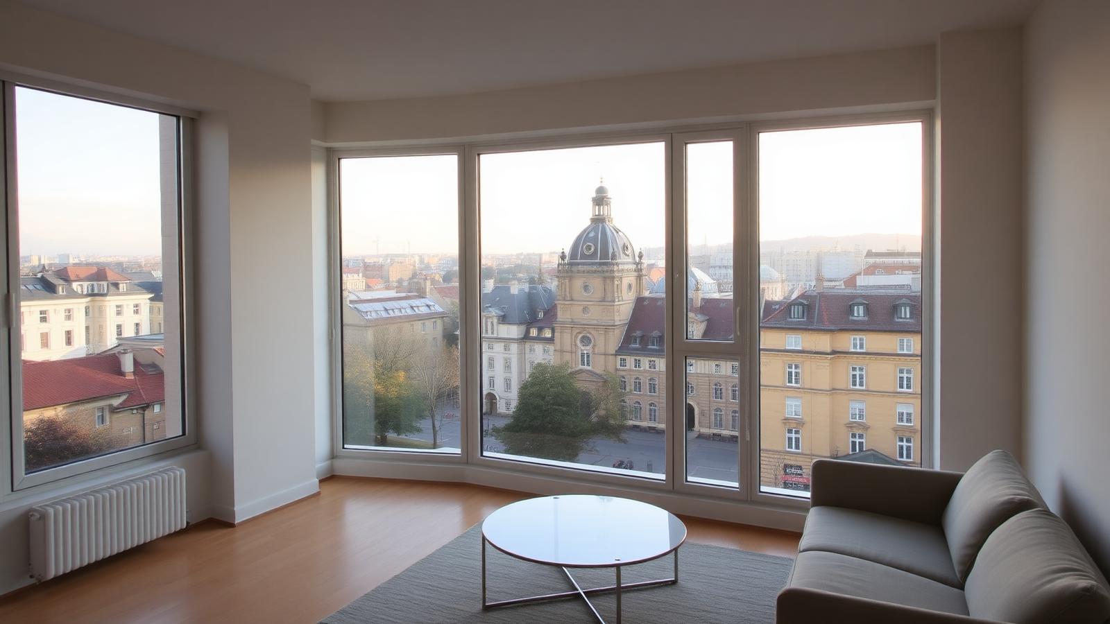 Intérieur d'appartement ancien de caractère avec hauts plafonds et grandes fenêtres donnant sur la ville