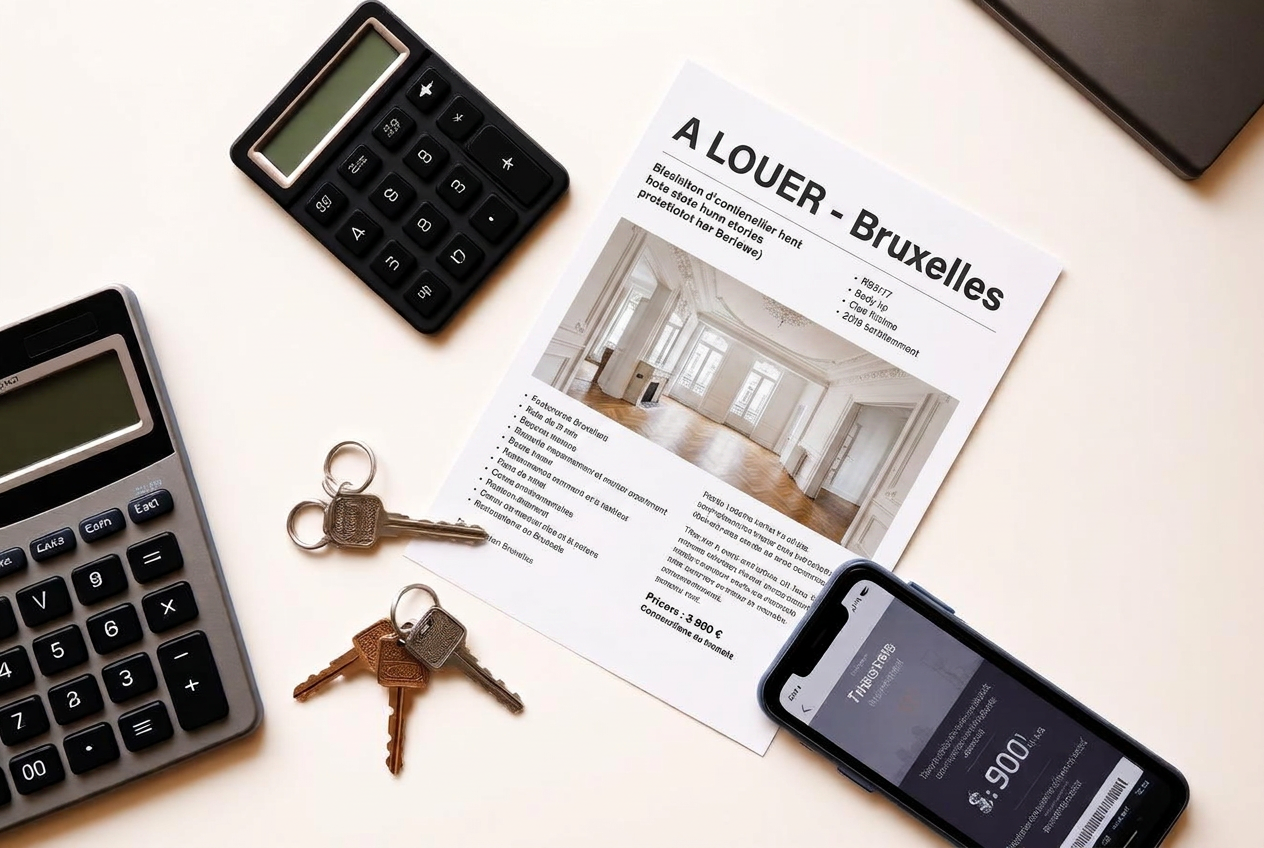 Bureau avec calculatrice, annonce de location, clés et smartphone pour évaluer un budget de location à Bruxelles