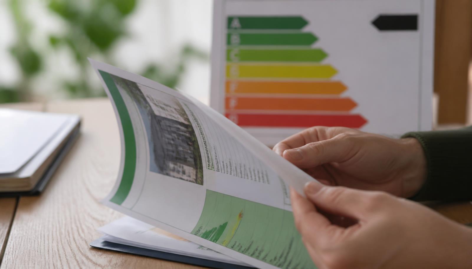 Mains feuilletant un certificat PEB avec une échelle de classes énergétiques en arrière-plan