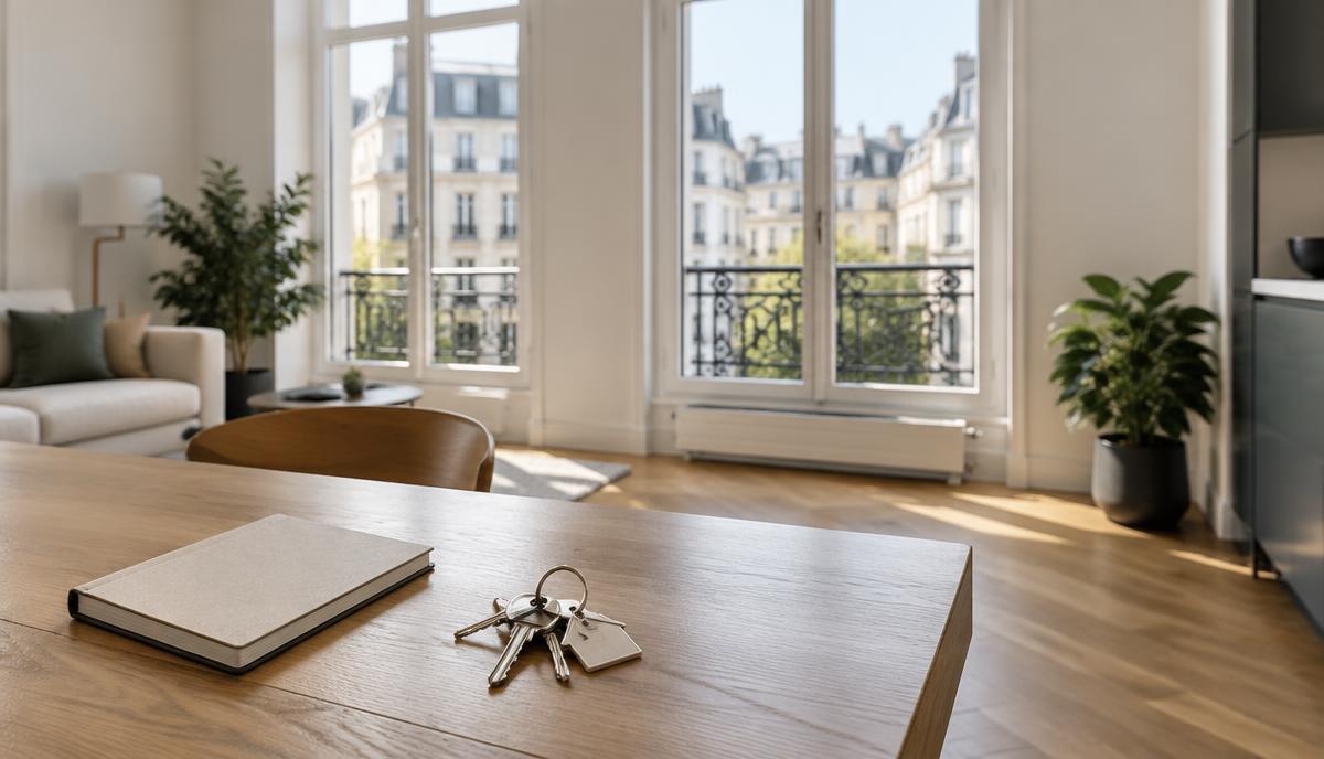 Trousseau de clés posé sur une table dans un appartement bruxellois lumineux