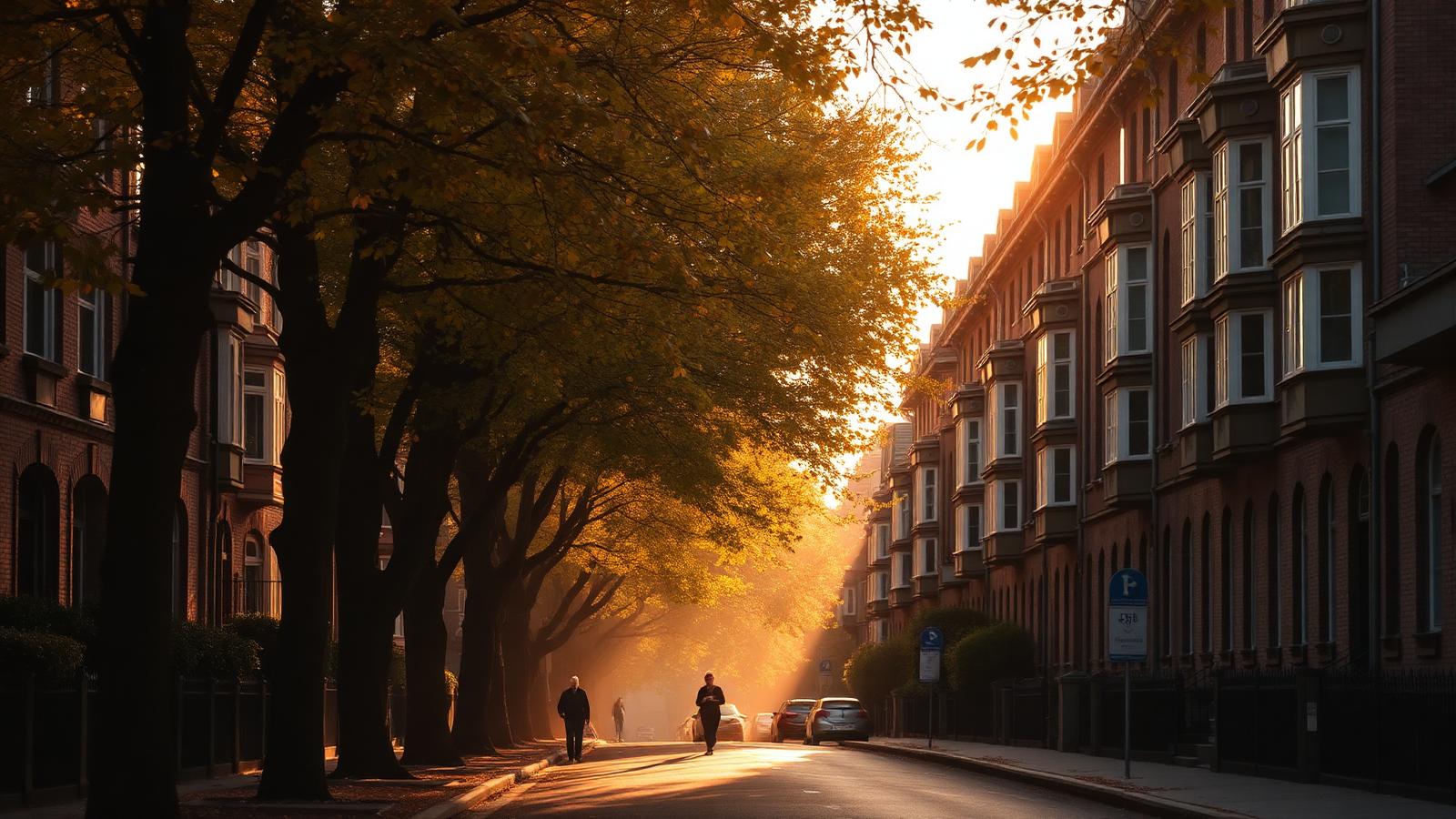 Rue résidentielle bruxelloise arborée, maisons de rangée en briques et passants au coucher du soleil