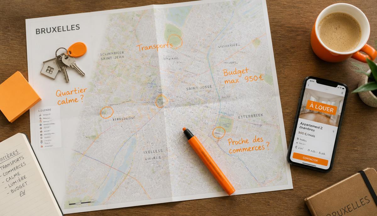 Carte de Bruxelles sur un bureau avec clés de location, smartphone et marqueur orange pour choisir un quartier