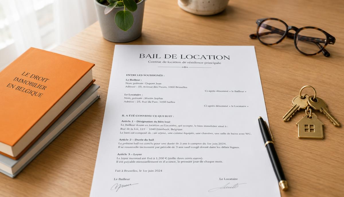 Contrat de bail de location signé sur un bureau avec clés et lunettes de lecture