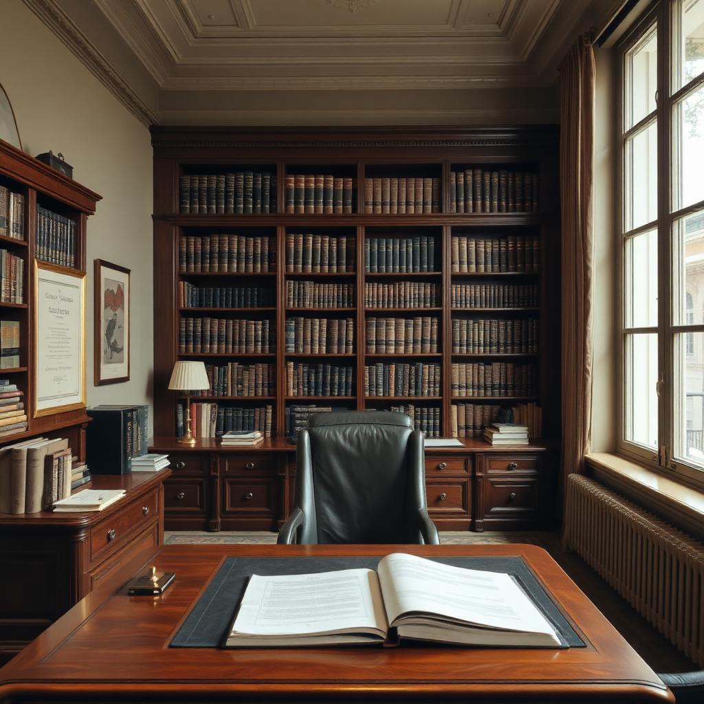 Bureau d'étude notariale avec des documents officiels et des étagères de livres juridiques