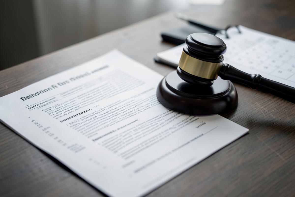 Document juridique posé sur un bureau à côté d'un marteau de juge