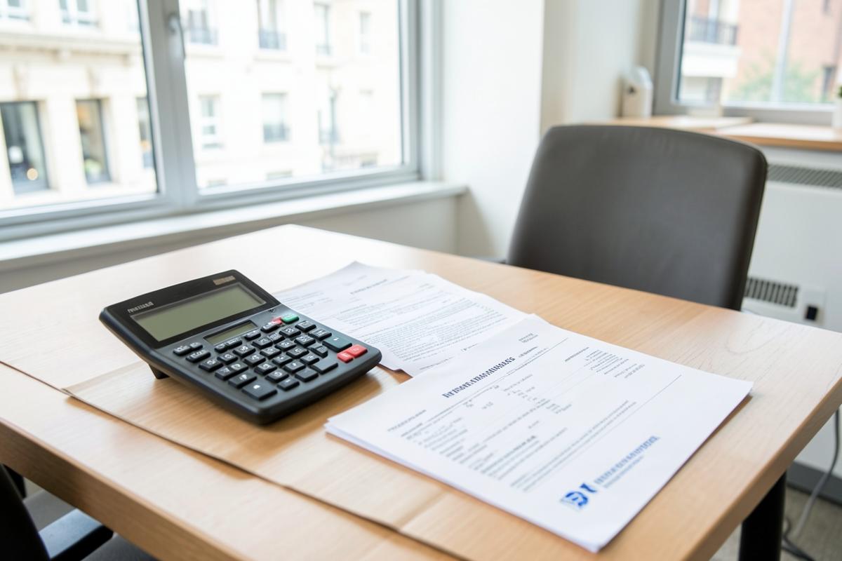 Calculatrice et devis de syndic sur un bureau à Bruxelles