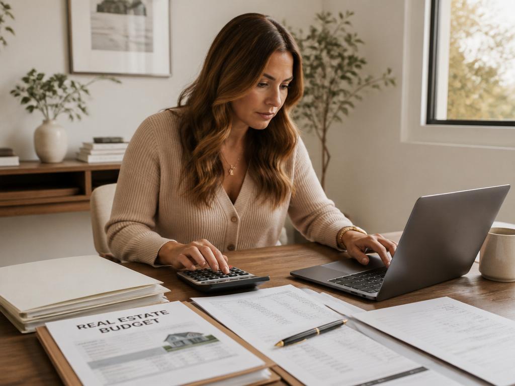 Femme en tenue casual chic calculant son budget d'achat immobilier à Bruxelles avec dossiers, calculatrice et ordinateur