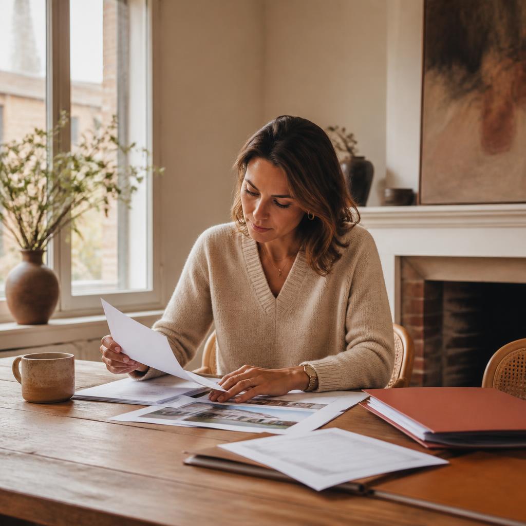 Femme examinant des documents immobiliers sur une table en bois, dossiers et papiers d'achat