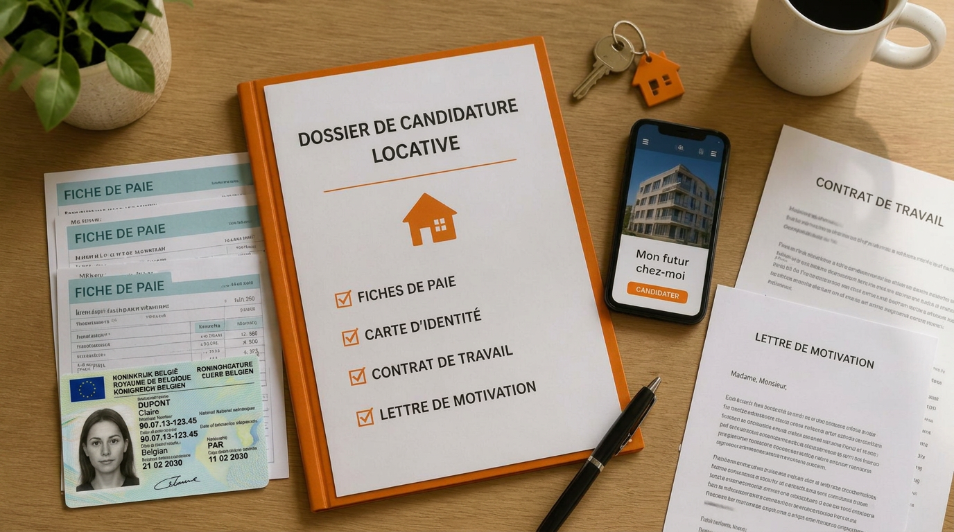 Dossier de candidature locative avec fiches de paie, carte d'identité, contrat de travail et lettre de motivation sur un bureau