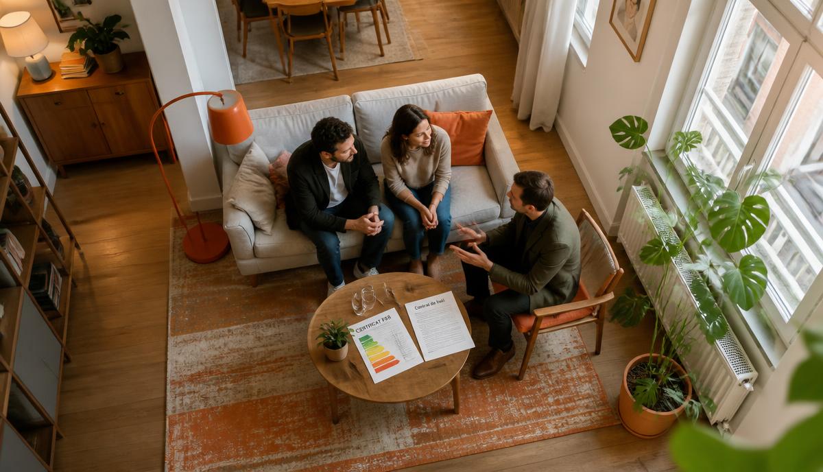 Couple visitant un appartement avec un bailleur, documents de bail et certificat PEB sur une table