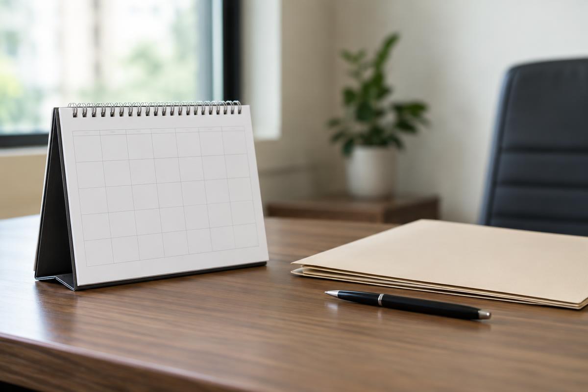 Calendrier de bureau et dossiers illustrant le calendrier d'une transition de syndic