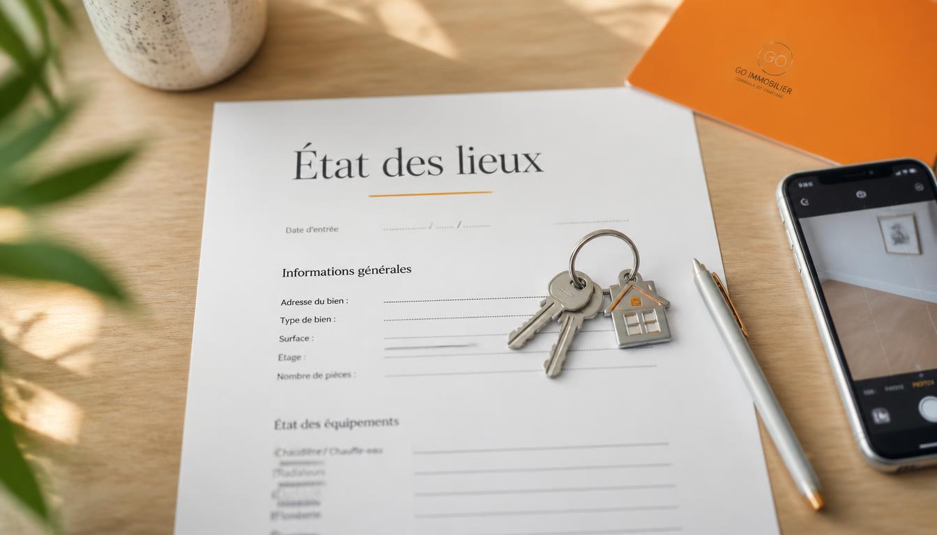 Document d'état des lieux avec clés, stylo et smartphone sur un bureau