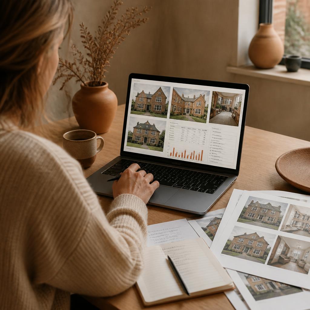 Personne comparant des annonces immobilières et analysant des chiffres sur un ordinateur portable