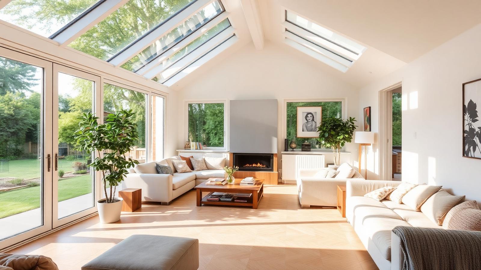 Intérieur de maison familiale lumineux et chaleureux ouvrant sur un jardin, tons clairs