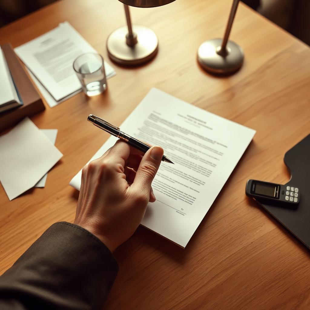 Main tenant un stylo au-dessus d'un document officiel sur un bureau en bois