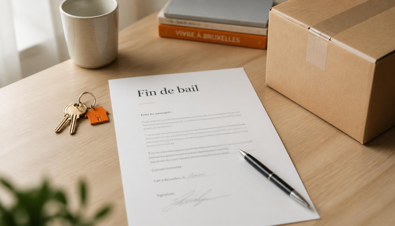 Document de fin de bail avec clés, carton de déménagement et stylo sur un bureau