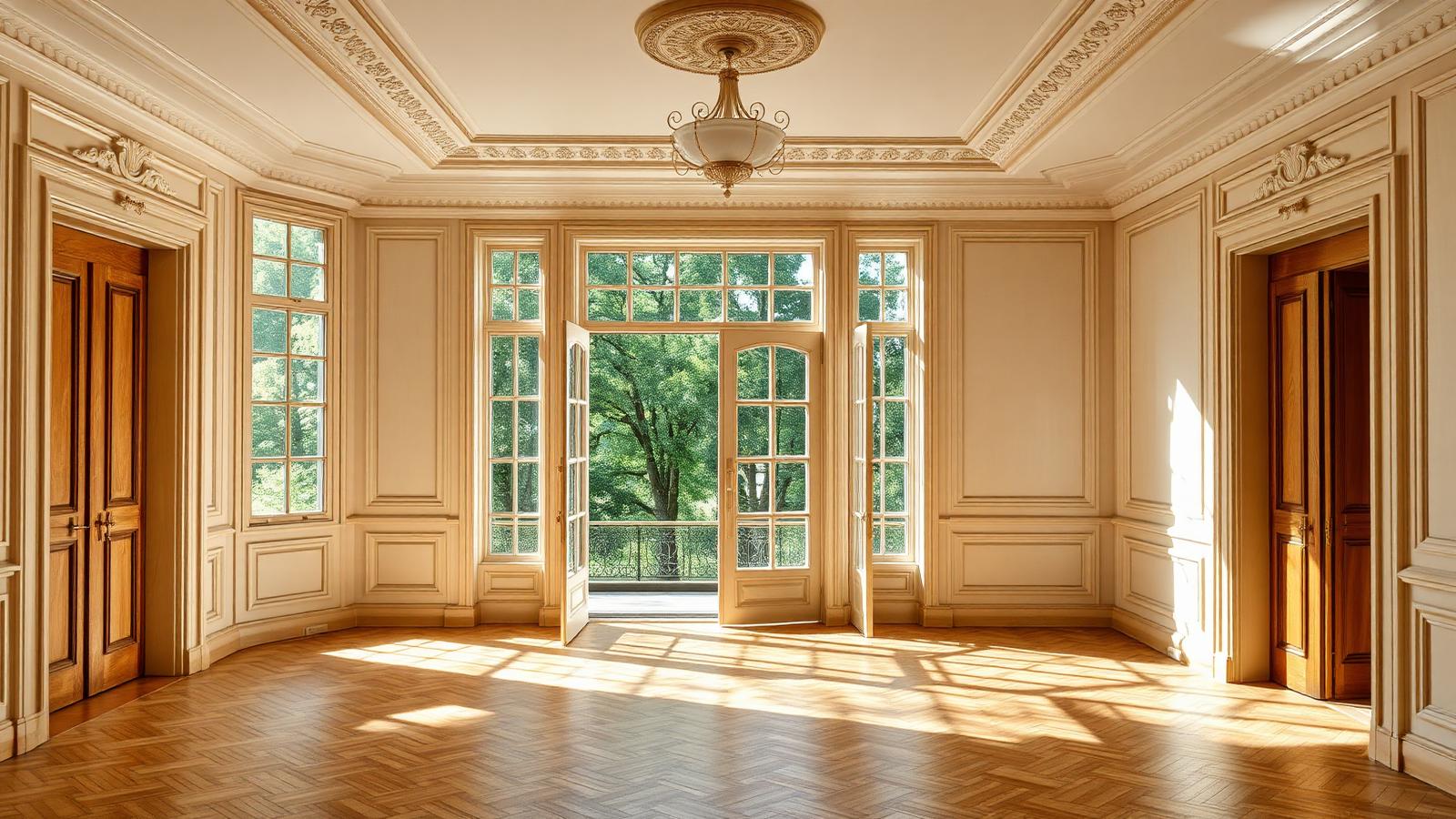 Intérieur Art déco lumineux avec moulures et parquet ouvrant sur la verdure, élégant et chaleureux
