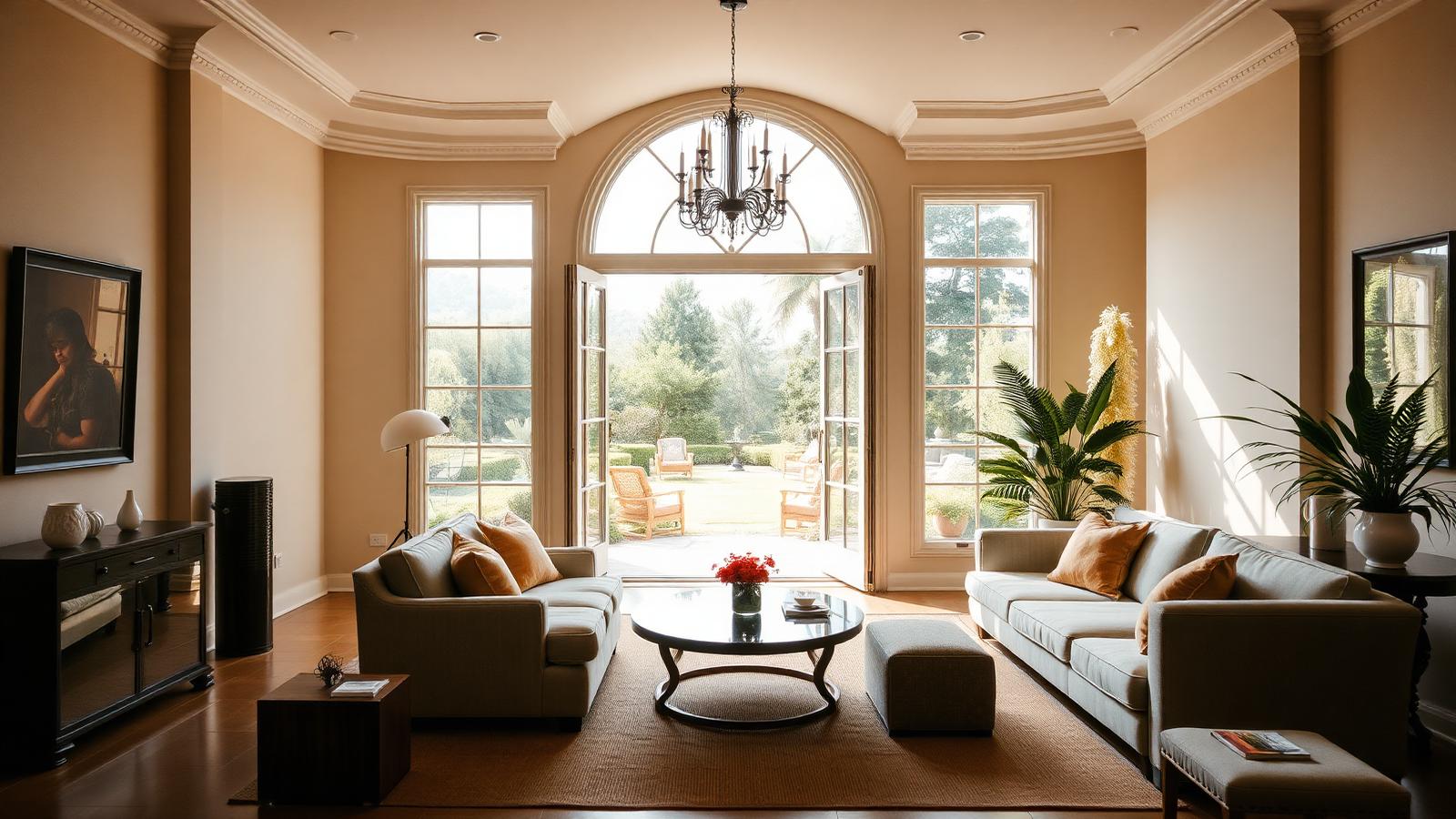 Intérieur de villa Art déco lumineux et chaleureux ouvrant sur un jardin, tons clairs et élégants