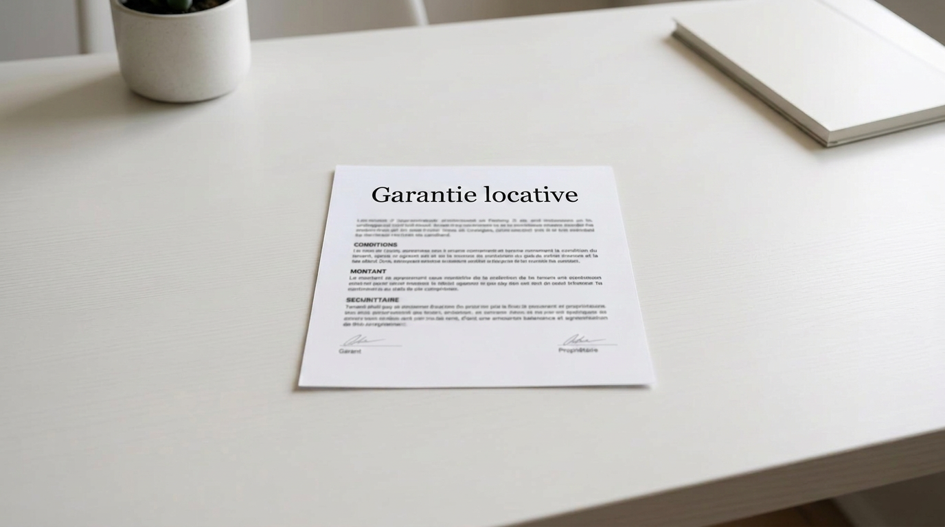 Document de garantie locative sur un bureau blanc, titre lisible et texte en français flou