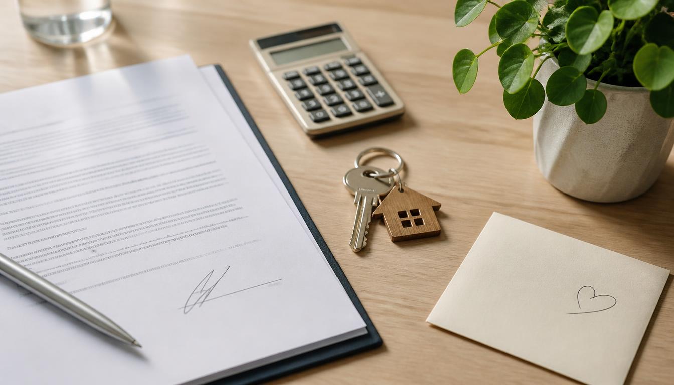 Bureau organisé avec bail, clés et calculatrice pour gérer une relation locative