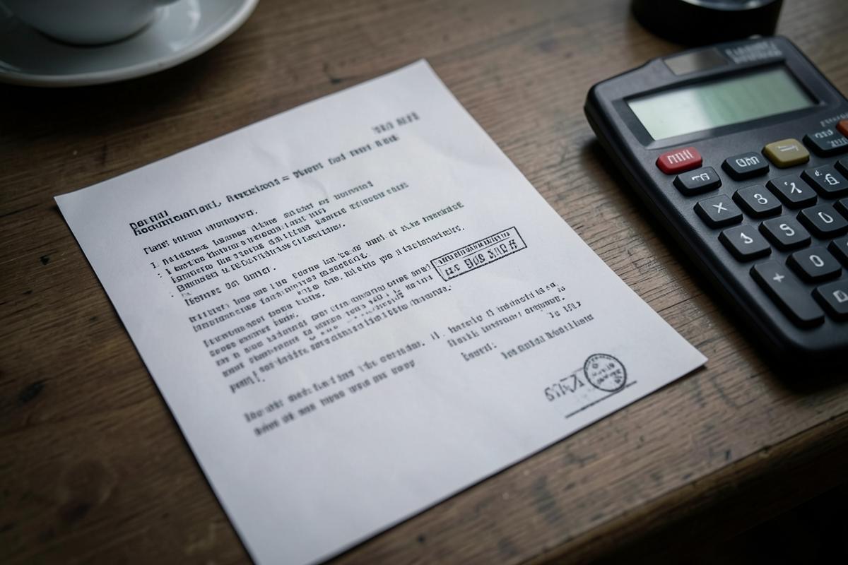 Rappel de paiement impayé posé sur un bureau à côté d'une calculatrice