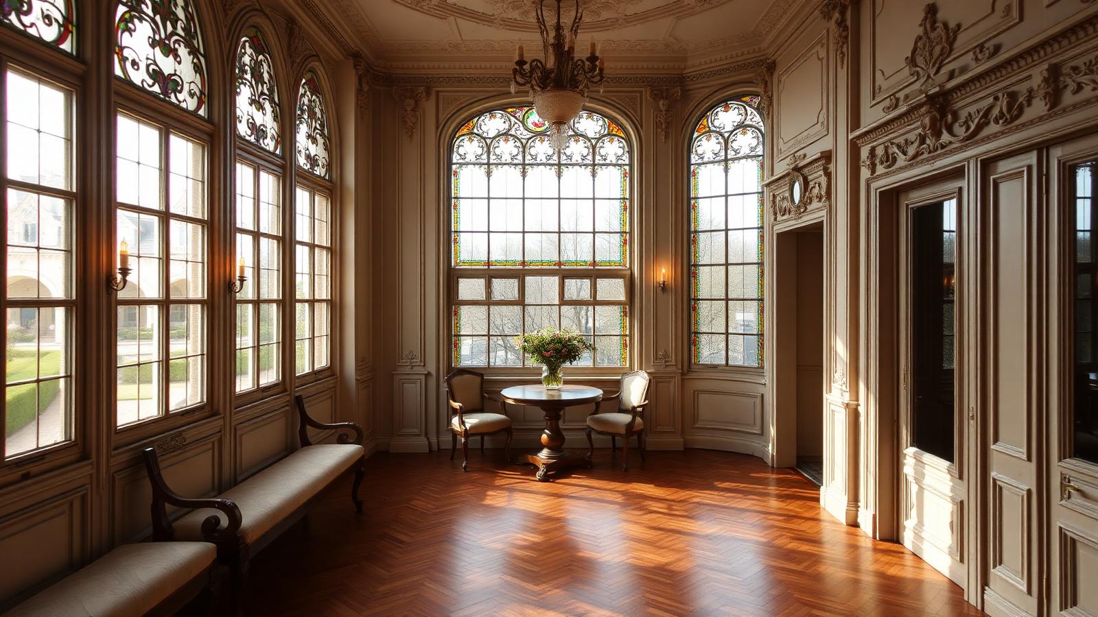 Intérieur Art nouveau lumineux et raffiné, vitraux, moulures, parquet