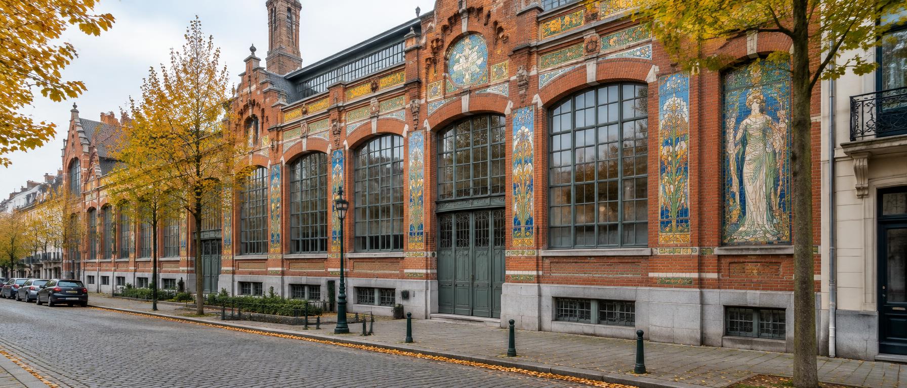 Illustration de la façade d'une ancienne fabrique de porcelaine avec carreaux décoratifs, chaussée de Wavre à Ixelles