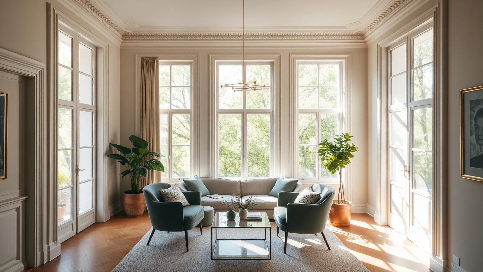 Intérieur d'appartement bruxellois lumineux avec vue dégagée sur la verdure
