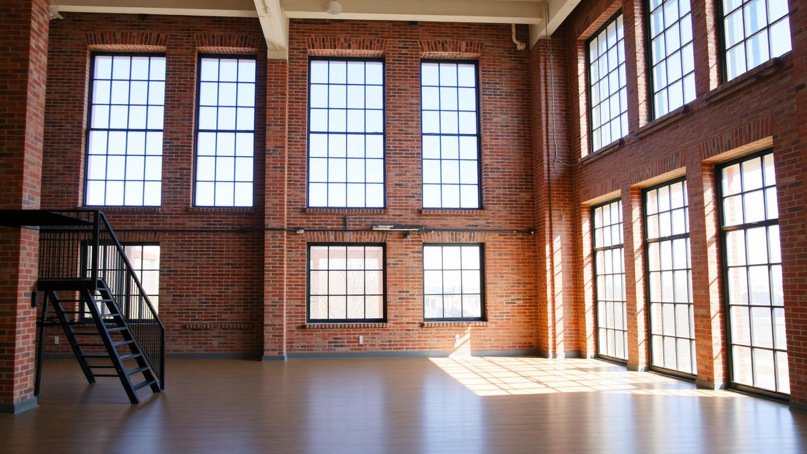 Intérieur de loft lumineux dans un ancien bâtiment industriel reconverti
