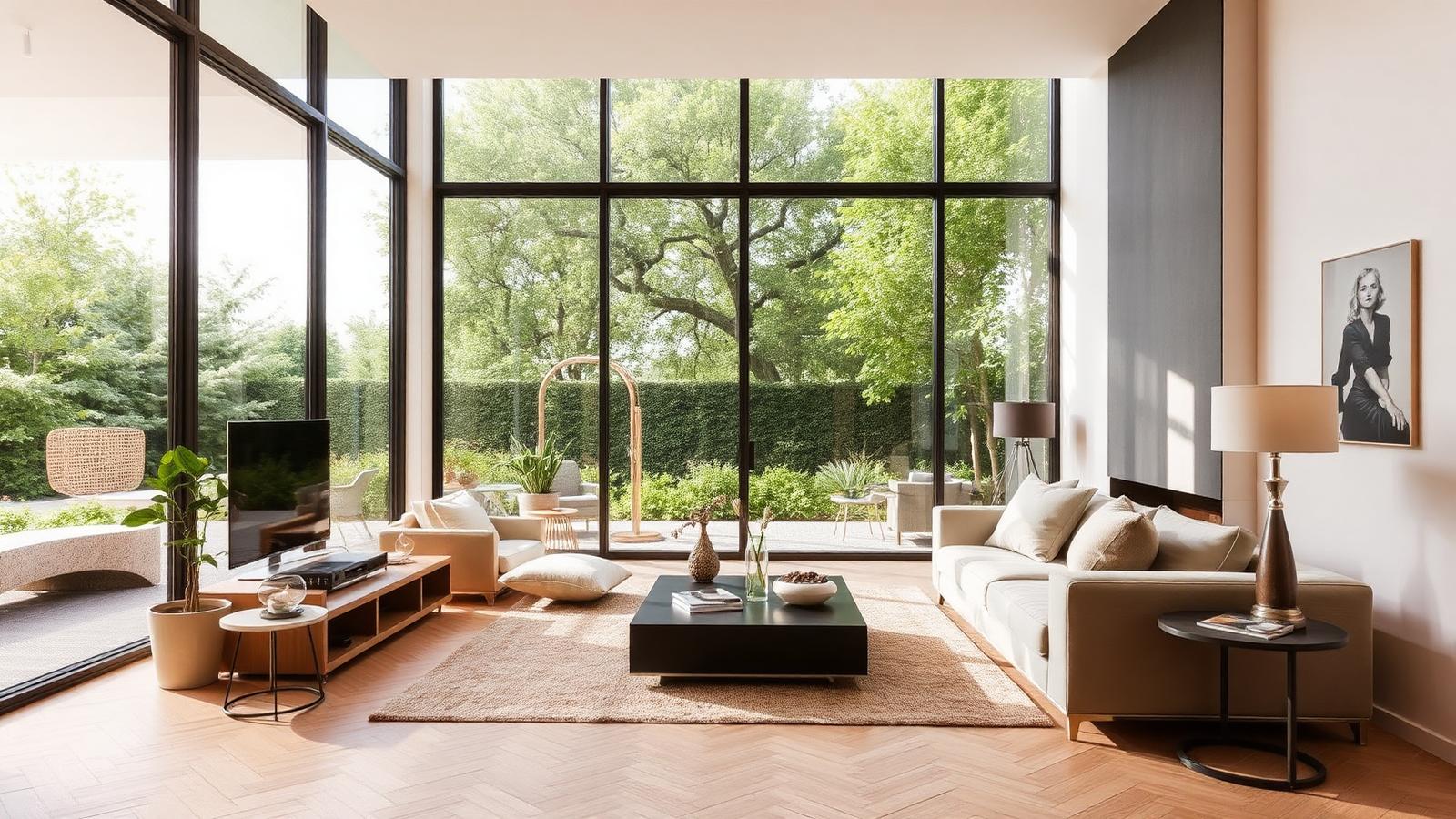 Intérieur de logement neuf lumineux et contemporain ouvrant sur de la verdure, tons clairs et chaleureux