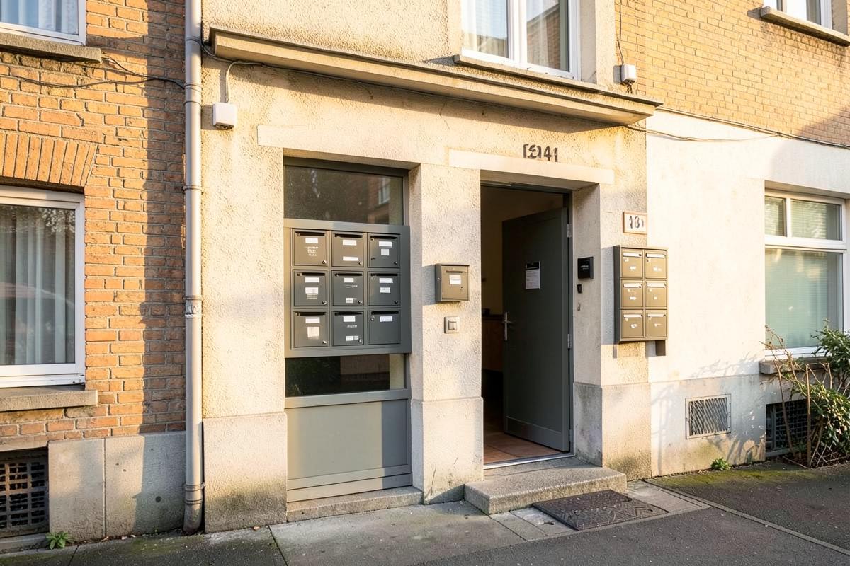 Entrée d'un petit immeuble bruxellois avec ses boîtes aux lettres